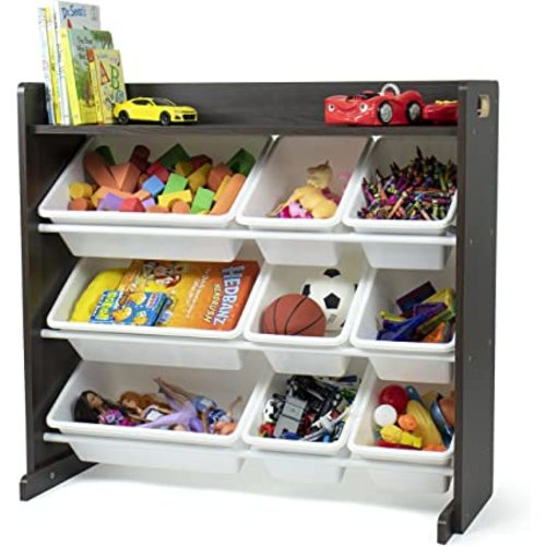 Humble Crew Toy Storage Organizer with Top Shelf and 9 Removable Bins, Espresso/White – Toddler Bookshelf with Toy Organizer - Modern Toy Rack Ideal for Kids' Rooms, Playrooms, and Nurseries