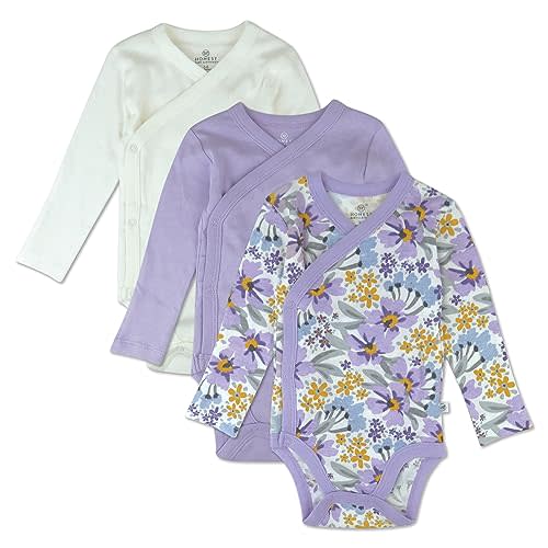 HonestBaby Baby 3-pack Long Sleeve Side-snap Kimono Bodysuits Organic Cotton for Infant Baby Boys, Girls, Unisex