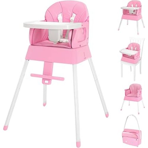 5 in 1 Foldable Baby High Chair,Convertible Highchair for Babies and Toddlers-Portable Infant Booster Seat,Carry Small Box,Dining Chair,Toddler High Chair with 5-Point Harness,Removable Tray-Pink