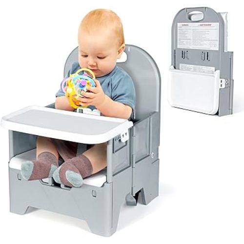 Orzbow Portable High Chair with Tray, Foldable Booster Seat for Travel Toddlers 6-36 Months, Baby Chair for Dining Table, Camping, Beach, Portable Booster Chair, Up to 33 lbs Baby, Grey
