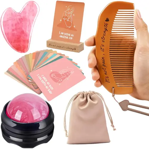 Birthing Comb Labor Gifts for Pregnant Women, Natural Labor and Delivery Essentials with Wooden Labor comb,Pregnancy Birth Affirmation Cards,Massage Roller Ball,Facial Massager,Storage Bag,Wooden Base