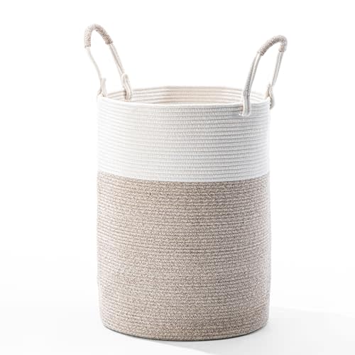 Kodomoore Laundry Basket Laundry Hamper for Clothes, Blankets, Yoga Mat Woven Cotton Rope Basket for Living Room, Nursery Room Boho Style 16D x 22H White & Beige Brown