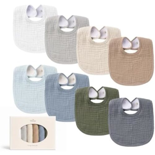 Konssy 8-Pack Muslin Baby Bibs, Adjustable Fit for Drooling and Teething