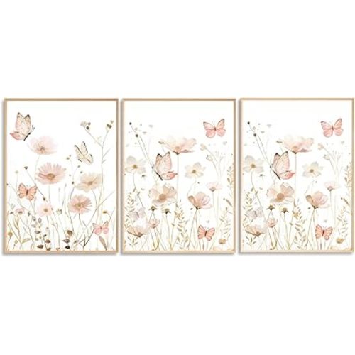 3 PCS Pink Watercolor Wildflower Butterfly Canvas Wall Art Warm Wildflowers Nursery Painting Poster Watercolor Botanical Wall Decor Pink Butterfly Pictures for Girl Nursery Bedroom Living Room Home Decoration 12*16 in (Poster No Frame)