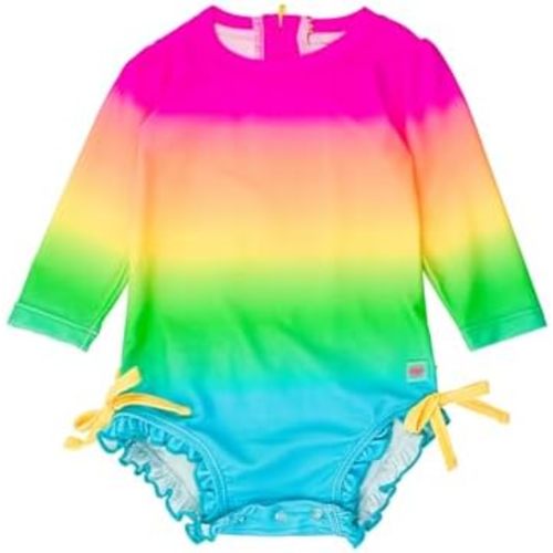 RuffleButts Baby Girls UPF 50+ Sun Protection Floral Printed Long Sleeve One Piece Rash Guard Swimsuit with Zipper