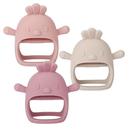 Socub 3 Pack Silicone Baby Teether Toys for Infants 3+ Months, BPA Free Anti-Drop Silicone Mitten Teething Toy for Soothing Sore Gums, Baby Chew Toys for Sucking Needs, Rose Pink,Dark Pink,Beige