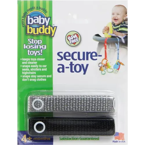 Baby Buddy Secure-a-Toy, Adjustable Pacifier and Teether Strap for Stroller, Highchair, and Car Seat, Black Gray, 2 Pack