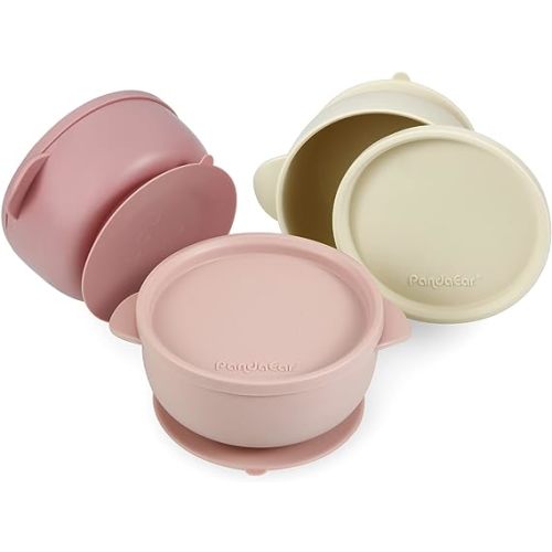 PandaEar 3 Pack Baby Bowls with Suction| Leak-Proof Stay Put Silicone Food Bowl with Lids for Babies Kids Toddlers Infants| Food Grade Soft Safe BPA-Free Silicone (Pink Rose Linen)