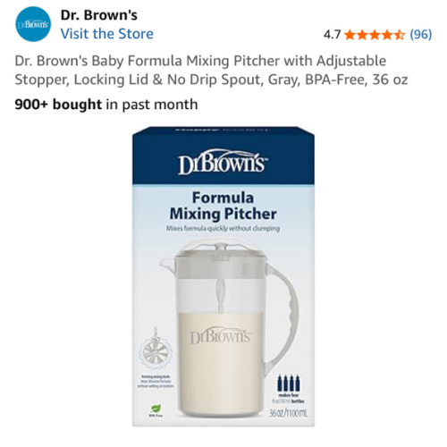 Dr. Brown's Baby Formula Mixing Pitcher with Adjustable Stopper, Locking Lid & No Drip Spout, Gray, BPA-Free, 36 oz