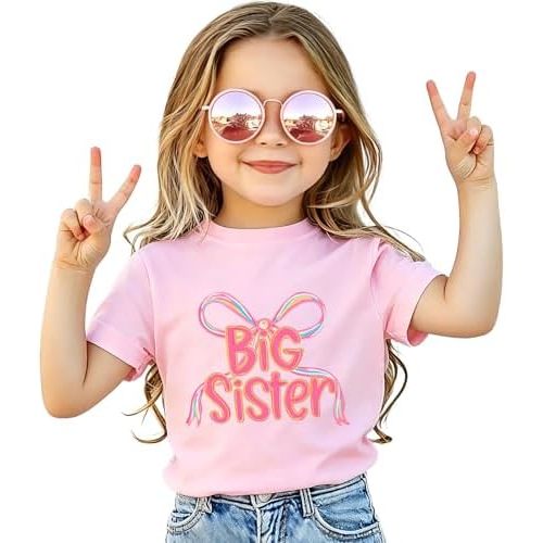 Bow Big Sister Shirts for Toddler Girls Kid Big Sis T-Shirt Announcement Tee Gender Reveal Outfit Short Sleeve Tops
