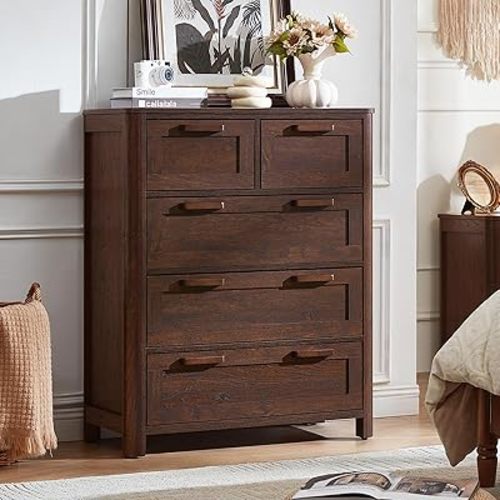Farmhouse 5 Drawer Dresser for Bedroom, Chest of Drawers with 5 Deep Drawer & 4 Thickened Table Legs, Walnut