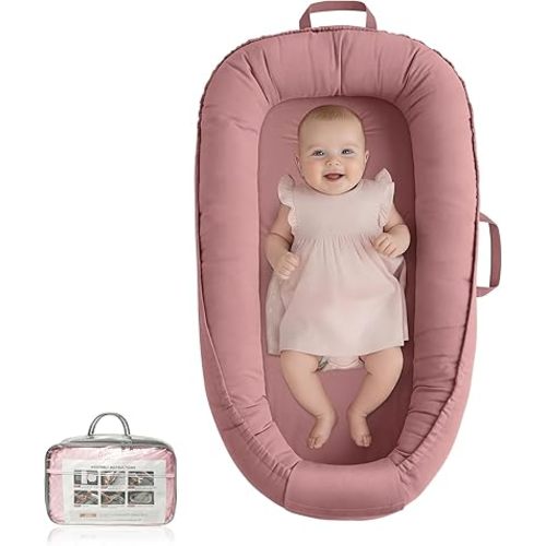 Baby Lounger - Infant Lounger for Newborn 0-24 Months, Pure Cotton Breathable Baby Nest Lounger, Newborn Essentials for Baby Boys & Girls, Portable Baby Lounger for Home and Travel