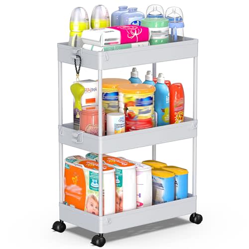 SPACEKEEPER Rolling Storage Cart 3 Tier Bathroom Cart Organizers with Wheels Laundry Room Organization Mobile Shelving Unit Utility Cart Storage Shelves Multi-Functional for Office, Home, Gray