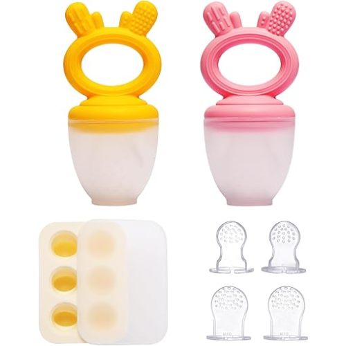 Baby Fruit Food Feeder Pacifier 2 Pack with Mini Freezer Tray, Breastmilk Popsicle Molds for Teething Relief, BPA Free Silicone Mesh Feeder for Safe Infant Self Feeding - Pink & Yellow