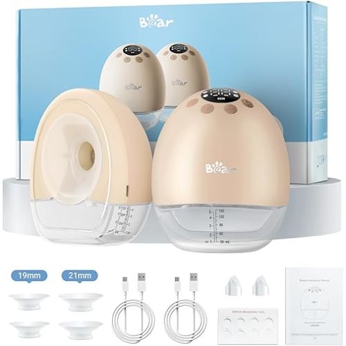 Bear Breast Pump Hands Free, Wearable Breastfeeding Pumps Strong Suction Low Noise, 4 Modes& 9 Levels Electric Breast Pump Portable, 19/21/24mm Insert Flange, 2 Packs
