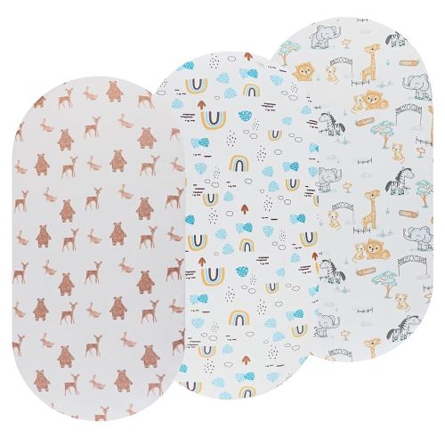 Onacosht Bassinet Sheets 3 Pack Fitted for Baby Boy and Girl, Stretchy Soft Knitted Baby Sheet Set Universal for Oval Rectangle and Hourglass Bassinet Mattress, Unisex Cute Animal Printing