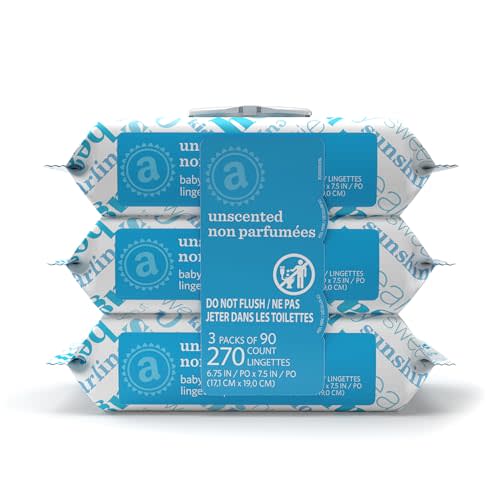 Amazon Elements Baby Wipes, Unscented, Hypoallergenic, Alcohol-Free, 270 Count, Flip-Top Packs