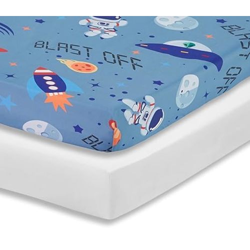 Everyday Kids 2 Pack Fitted Boys Crib Sheet, 100% Soft Breathable Microfiber Baby Sheet, Fits Standard Size Crib Mattress 28in x 52in, Nursery Sheet - Space/White