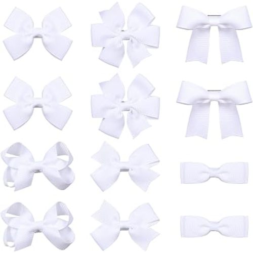 3-inch White Grosgrain Ribbon Hair Bows for Girls,12 pcs Handmade Alligator Clip Barrettes for Toddlers Kids Teens Babies,Her Everyday Hair Accessories,Secure Non-Slip Styling in Pairs