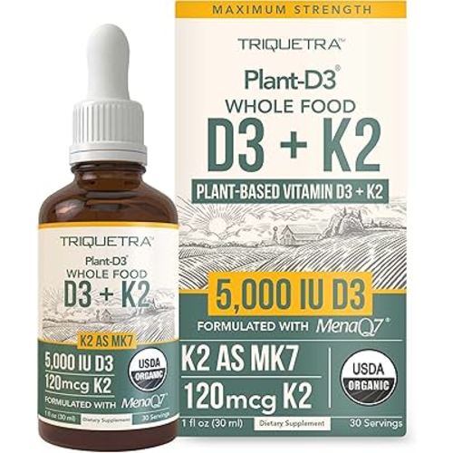 Organic Plant D3 + K2 (5000 iu D3) - All-Trans MK7 from MenaQ7 (120 mcg K2) - 100% Organic & Plant-Based Sublingual D3 Drops (Cholecalciferol), 100% Vegan - Supports Immunity, Bone(1oz)
