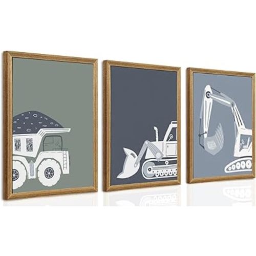 arfitest Framed Construction Truck Wall Art Set of 3, Bulldozer Dump Truck Excavator Colorful Illustration Canvas Prints with Wood Frames, Wall Decor for Boys Kids Room Nursery Playroom, 12x16Inch
