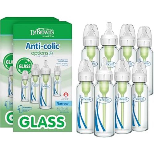 Dr. Brown's Anti-Colic Options+ Narrow Glass Baby Bottle, 8 oz, 8-Pack