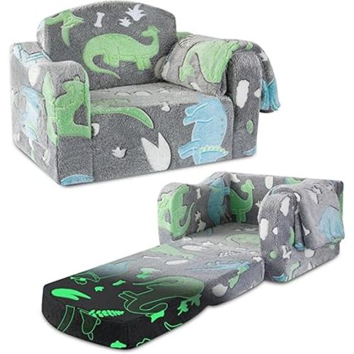 Airpanda Comfy Toddler Chair and Couch for Kids with Blanket,2-in-1 Soft Plush Fold Out Toddler Couch for Girls and Boys,Convertible Sofa to Lounger for Playroom,Gray Dinosaur