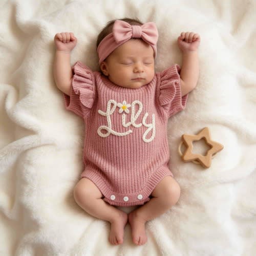 Embroidered Name Baby Girl‘s Ruffle Romper,Personalized Frilly Romper,Custom Babygirl Onesie,Knit Romper Toddler,Short Sleeve Newborn Romper