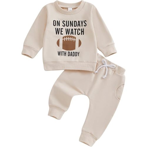 Karuedoo Toddler Baby Boy Girl Football Outfit On Sundays We Watch Football with Daddy Sweatshirt and Pants Set Fall Outfits