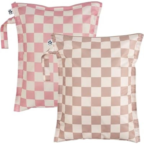 Tiny Twinkle Mess Proof Wet Bags | 2-Pack Reusable Waterproof Wet Bags for Swimsuits | Baby Clothes | Travel & Diaper Bag (Pink, Brown Checkers)