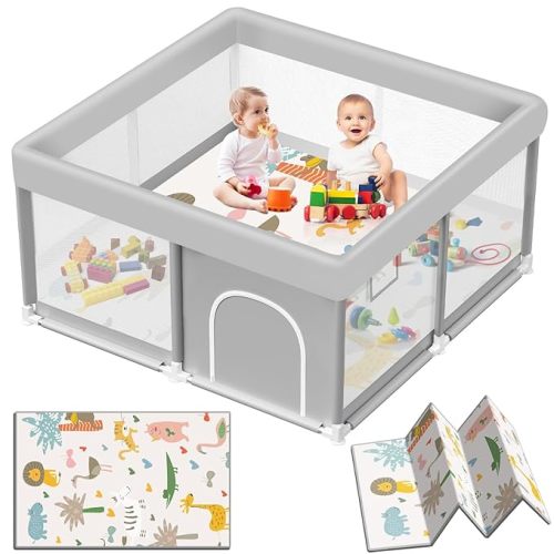Baby Playpen with Mat, 50x50 Inch Playpen with Mat Waterproof for Babies and Toddlers Play Pen Playards Safety Gate Fence Active Center Indoor