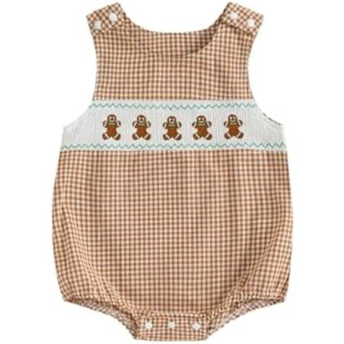 KtwHarnu Newborn Baby Boy Christmas Outfit Embroidery Sleeveless Smocked Bubble Romper Plaid Overalls Bodysuit Winter Clothes