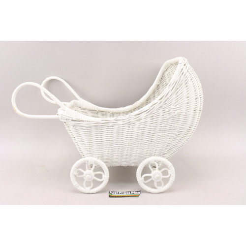 Vintage White Rattan Wicker Doll Stroller Carriage w/Wheels