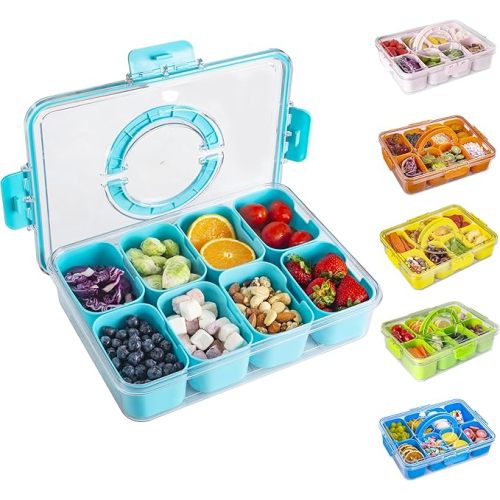 Divided Snack Serving Tray with Lid and Handle Travel Snackle Charcuterie Container Portable Storage Organizer for Candy, Fruits, Nuts, Snacks, Party, Picnic (1pack, Lake blue)