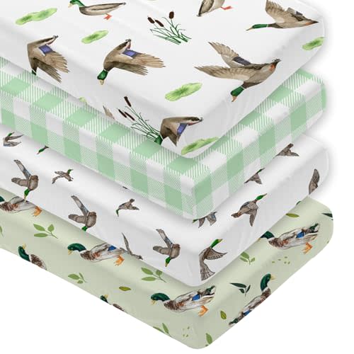4 Pack Mallard Duck Baby Crib Sheet for Girl or Boys, Green Gingham Fitted Crib Sheet Soft Breathable, Mallard Duck Nursery Decor for Standard Mattresses Gift Set 28 x 52 in