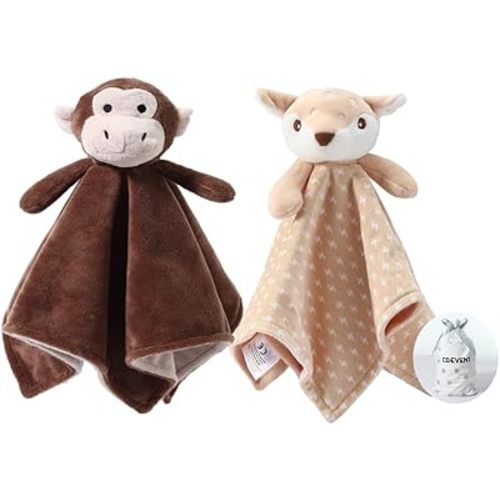 CREVENT Cozy Plush Baby Security Blanket, Loveys for Baby Girls and Boys, Birthday (Deer+Monkey)