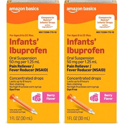 Amazon Basics Infants' Ibuprofen Oral Suspension, 50 mg/1.25 mL, Berry Flavor Concentrated Drops, Dye-Free, 1 fl oz (Pack of 2) (Previously Amazon Basic Care)
