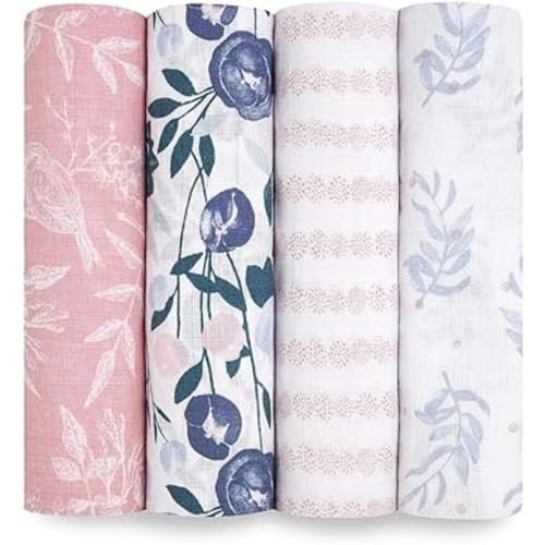 aden + anais Essentials Muslin Swaddle Blankets for Baby Girls and Boys, Newborn Receiving Blanket for Swaddling, 100% Cotton Baby Swaddle Wrap, 4 Pack, Flower's Bloom