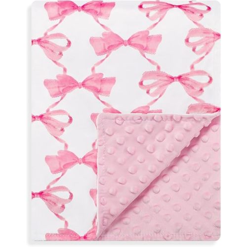 Baby Girl Blanket, Sotf Crib Swaddle Blanket, Dotted Backing, Reversible Bedding Soft Blanket for Newborn, Toddler Girls Boys Gift, 30 x 40 Inch, Pink Bow