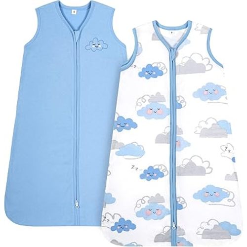 TILLYOU 2 Pack Baby Sleep Sack 6-12 Months 100% Cotton Wearable Blanket 0.5 TOG Sleeveless Summer Sleep Sacks with 2-Way Zipper, Small Cloud & Blue