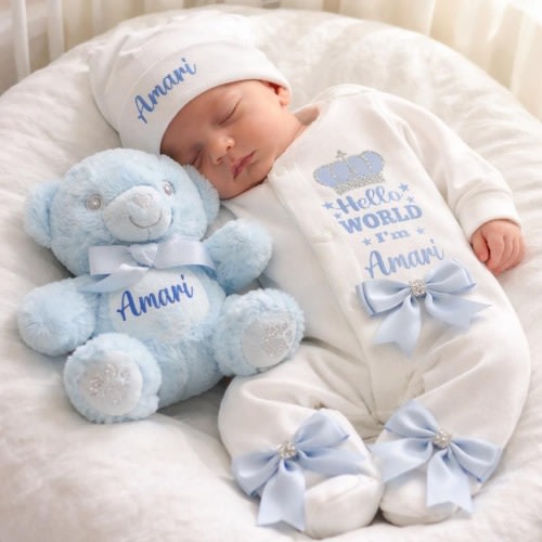 Newborn baby boy homecoming hospital outfit a FULL SET is a sleepsuit hat comforter blue teddy bear.  Personalised Prince has Arrived