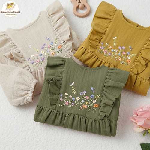 Embroidered Wildflower Garden Linen Romper, Floral Girl Romper, Baby Shower Gift, Pregnancy Announcement Gift, Coming Home Baby Clothes