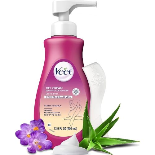 Veet Sensitive Skin Hair Removal Cream For Women, Painless Bikini Hair Removal Gel, Dermatologically Tested Depilatory Cream For Bikini Line, Legs, Arms, Underarms, 13.5 FL OZ Pump Bottle with Tool