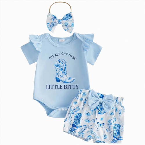 Xyant Newborn Baby Girl Western Outfits Cowgirl Summer Clothes Short Sleeve Letters Romper Boots Horse Shorts Headband Set (Sky Blue,6-9 Months)