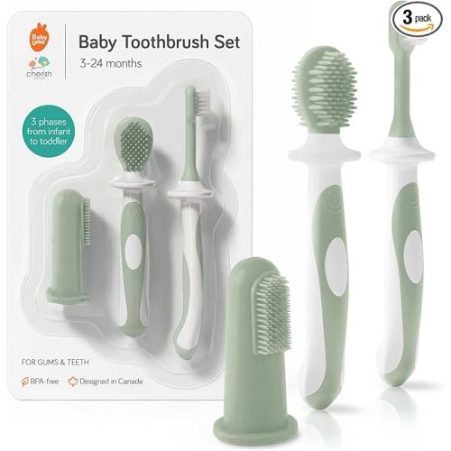Cherish Baby Care Baby Toothbrush Set 0-2 Years - Silicone (Sage Green) | Award-Winning: BPA-free, safety-tested food-grade silicone infant toothbrush set for babies 6 to 24 months.