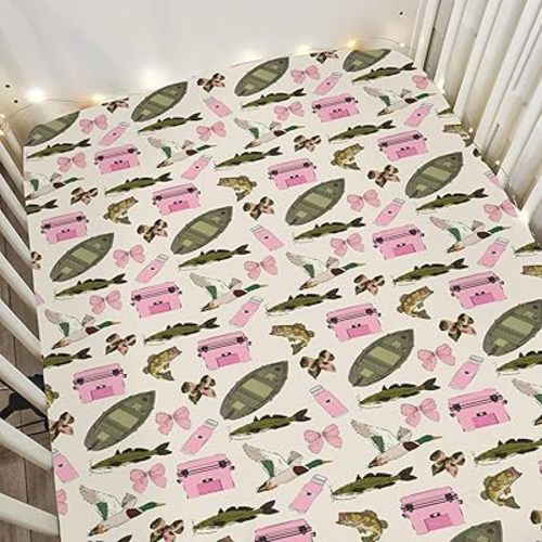 Pink Fishing Hunting Girly Baby Crib Sheets for Girl 52x28In Boats Bass Fish Duck Bows Soft Snug Fitted Crib Mattress Cover Summer Lake Country Fishing Baby Sheet for Standard Crib & Toddler Mattress