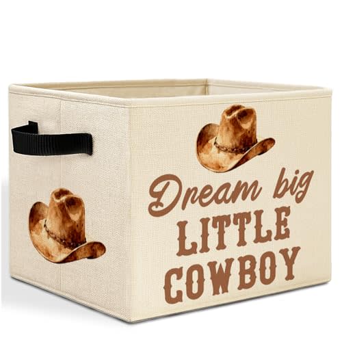 Western Cowboy Nursery Storage Bins Box with Handles, Dream Big Little Cowboy Country Western Laundry Basket Hamper Collapsible Clothes Toys Organizer for Kids Boys Bedroom Bathroom