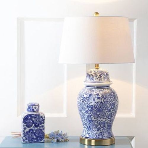 29.5" Ceramic Ellis Table Lamp with Linen Shade, Brass Finial - JONATHAN Y: Chinoiserie, No Assembly Required