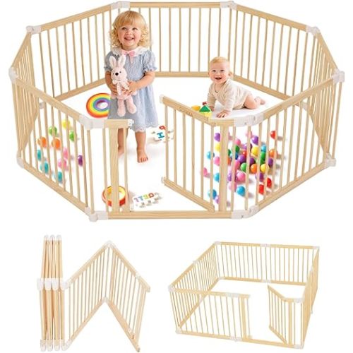 Foldable Wooden Baby Playpen - 63x63x25 inch