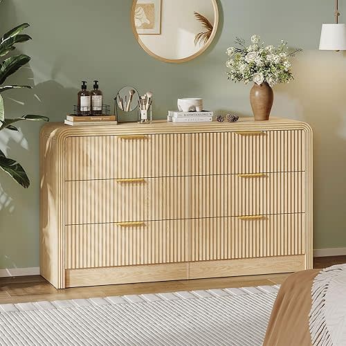 Fluted 6 Drawers Dresser for Bedroom,55'' Wide Wood Dressers with Gold Handles, Modern Dressers with Wave Texture, Large Storage Chest of Drawers, Bedroom Dresser Organizer (Natural Oak)